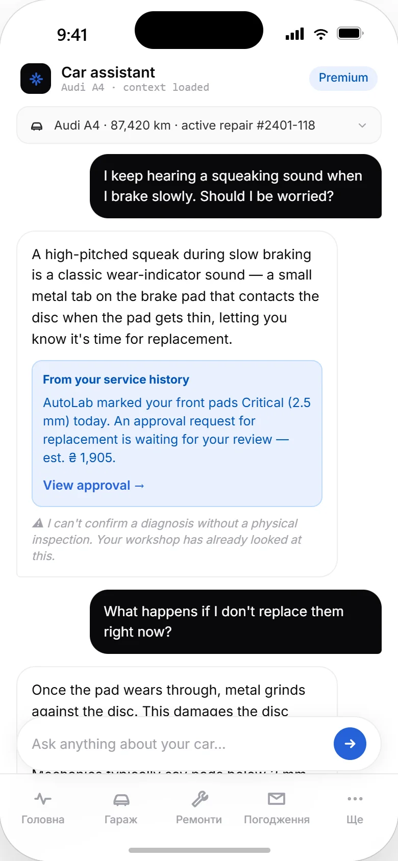 The AI assistant in the Vector app answering questions about the car's condition