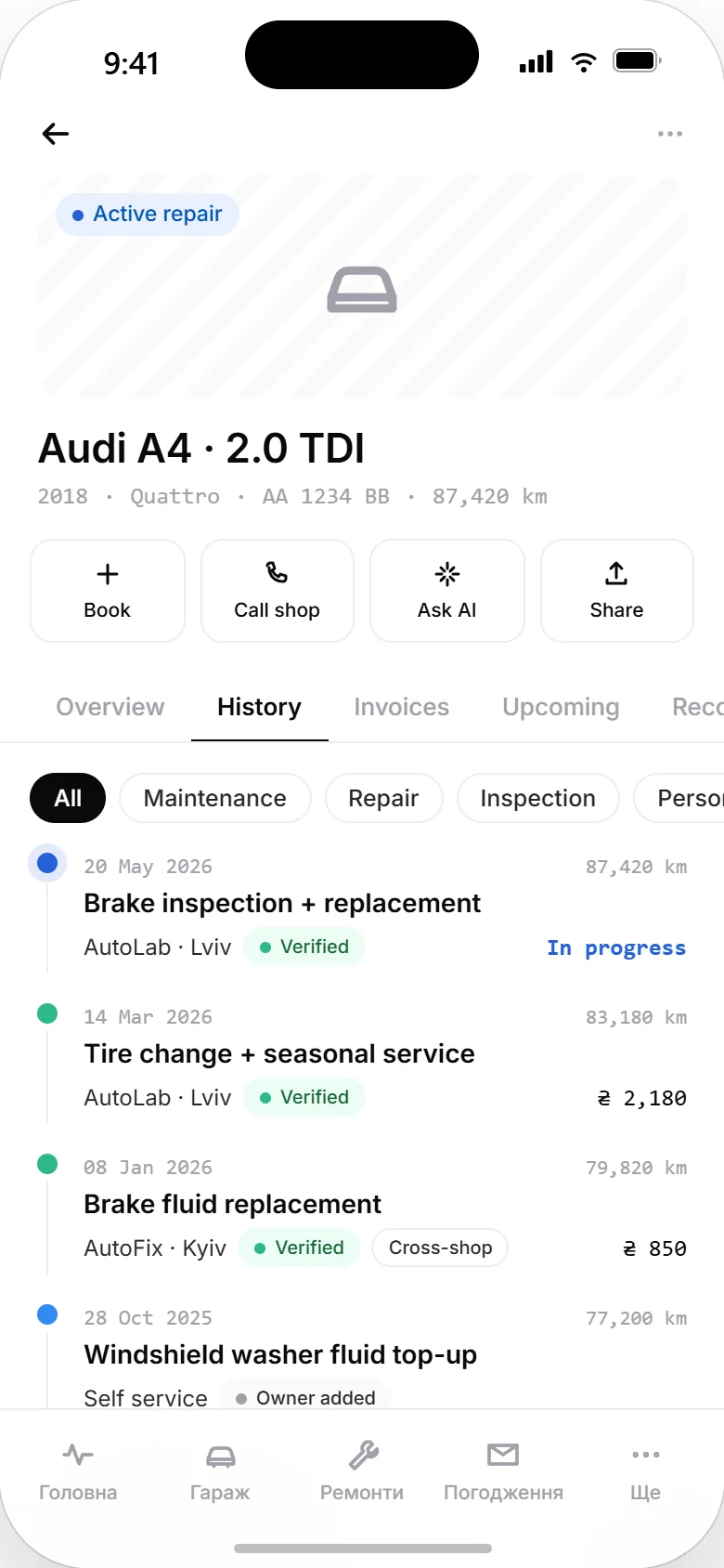 The vehicle record in the Vector app: service history with dates, jobs and parts